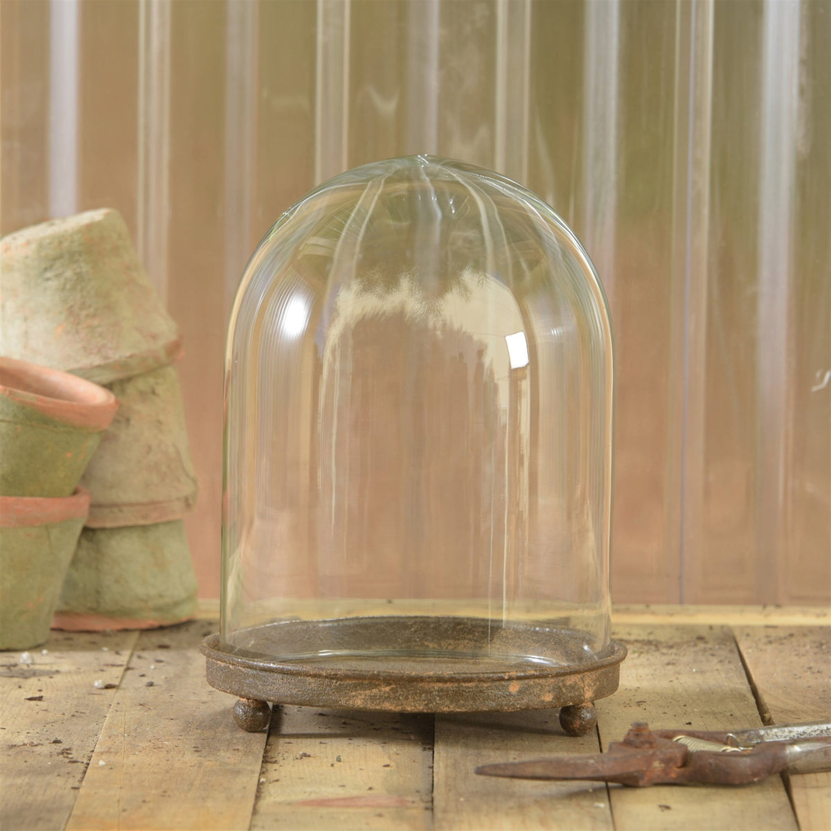 Mirabelle Glass Vitrine Cloche with Rustic Metal Base by Rust & Cinder