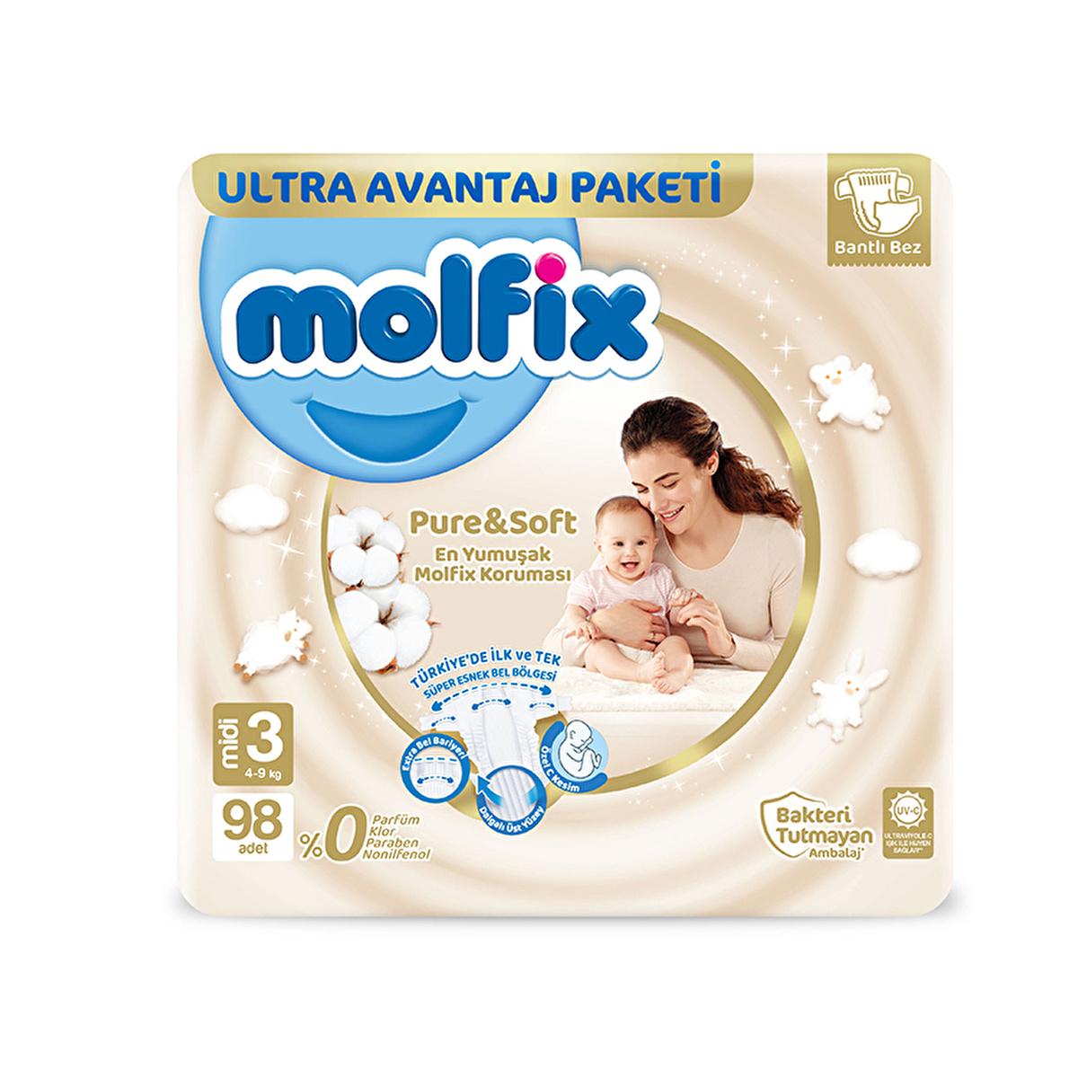 Molfix Pure & Soft: Gentle Protection Baby Diapers - 98 Count, Soft, Hypoallergenic, Chemical-Free for Sensitive Skin by Beauty Care Bag
