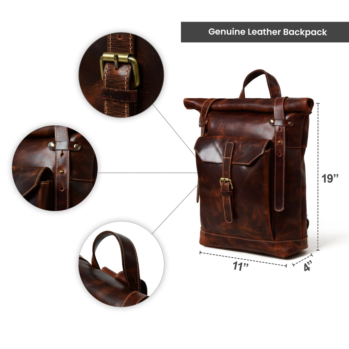 Brown Saddleback Backpack- Roll Top by Classy Leather Bags
