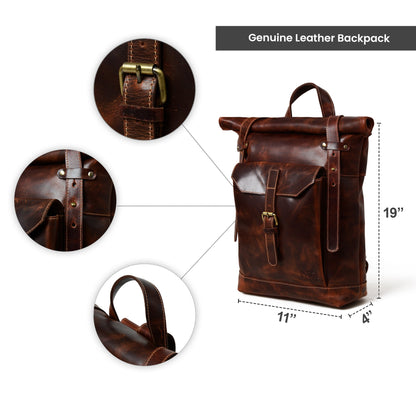 Brown Saddleback Backpack- Roll Top by Classy Leather Bags