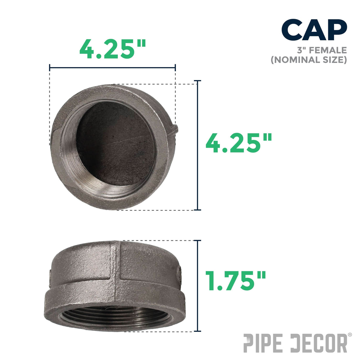 PIPE DECOR 3 in. black iron cap pipe fitting, view 2