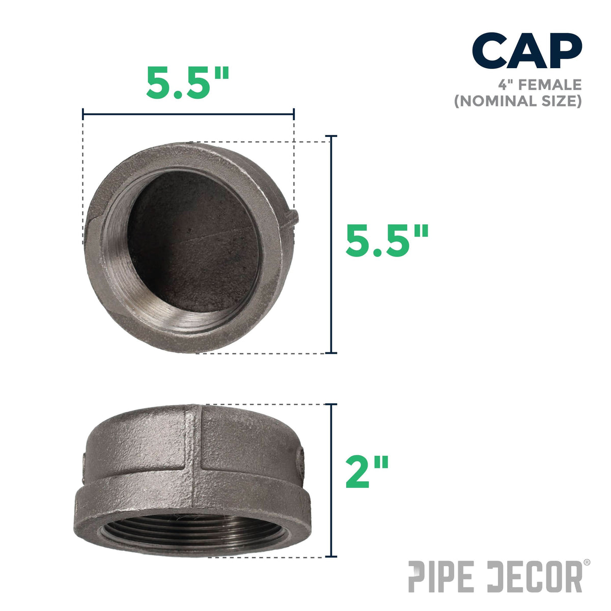 PIPE DECOR 4 in. black iron cap pipe fitting, view 2