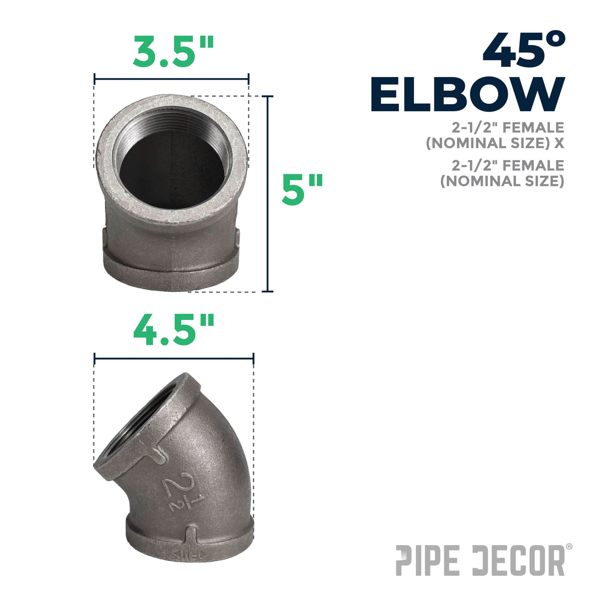 PIPE DECOR 2-1/2 in. black iron 45 degree elbow pipe fitting, view 2