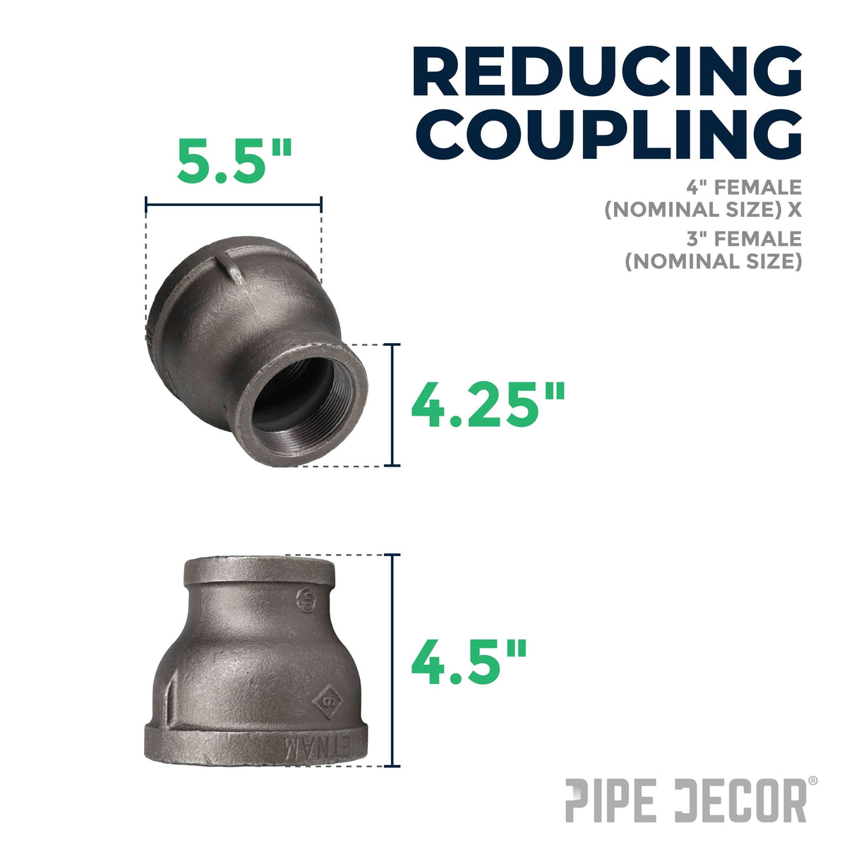 PIPE DECOR 4 in. x 3 in. black iron reducing coupling pipe fitting, view 2