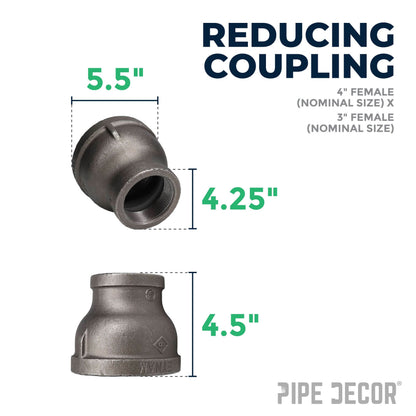 PIPE DECOR 4 in. x 3 in. black iron reducing coupling pipe fitting, view 2
