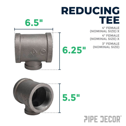 PIPE DECOR 4 in. x 4 in. x 3 in. black iron reducing tee pipe fitting, view 2