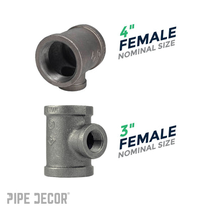 PIPE DECOR 4 in. x 4 in. x 3 in. black iron reducing tee pipe fitting, view 3