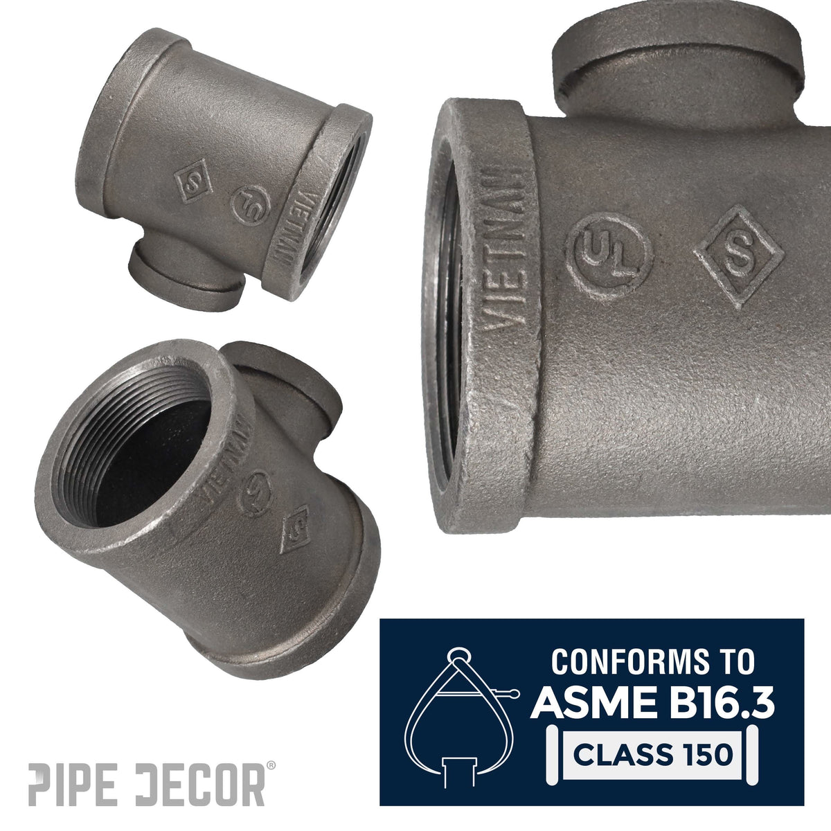 PIPE DECOR 4 in. x 4 in. x 3 in. black iron reducing tee pipe fitting, view 4