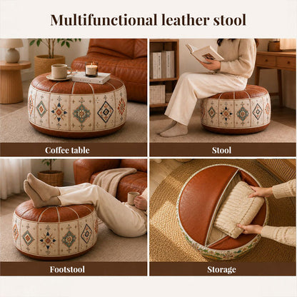 Bohemian ottoman pouf cover with water-resistant PU leather top — cover only; filling not included