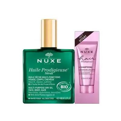 Nuxe Huile Prodigieuse Neroli: Multi-Purpose Dry Oil & Vegan Shampoo Set - Silky Skin, Nourished Hair, Calming Neroli Scent by Beauty Care Bag