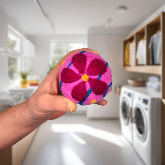 Organic wool dryer balls in Bubblegum Pink Wrapped Daisy design