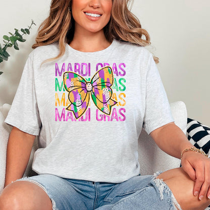 Mardi Gras Shirt - Purple Green Gold Coquette Bow Tee | New Orleans Carnival Outfit by Joyful Moose