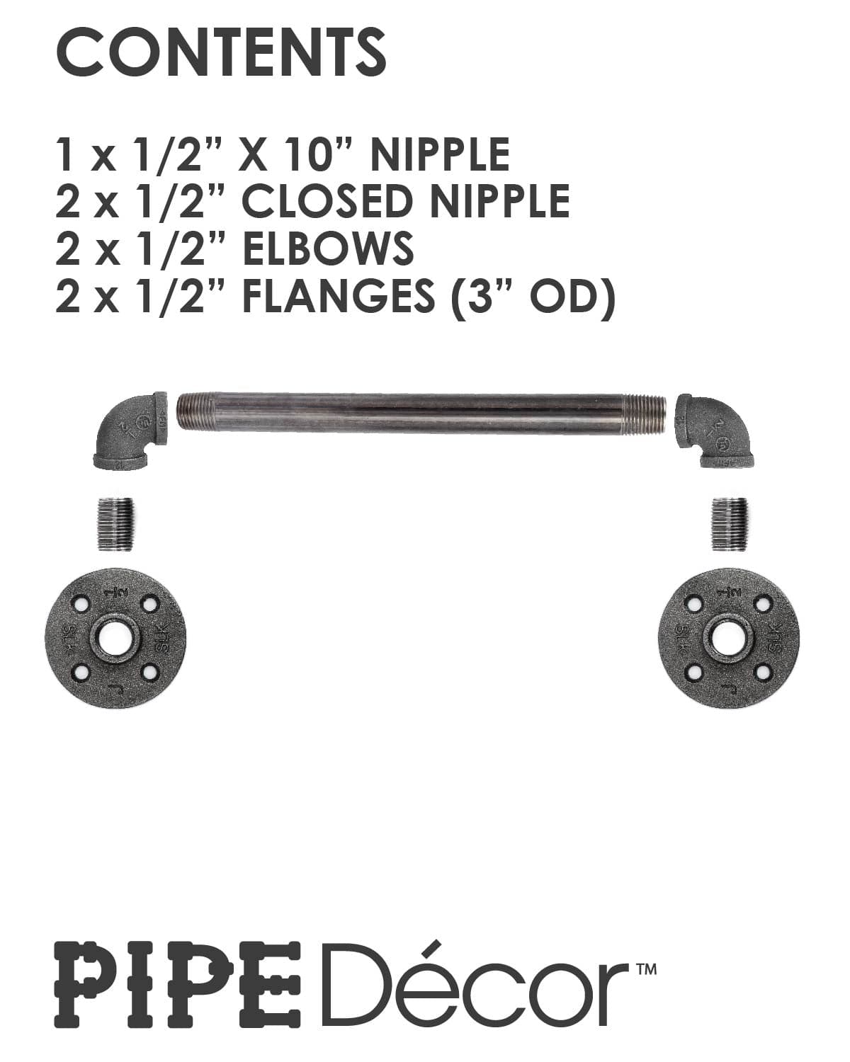 Kit contents of the PIPE DECOR 1/2 in. x 10 in. industrial pipe barn door handle, 14.5 in. long