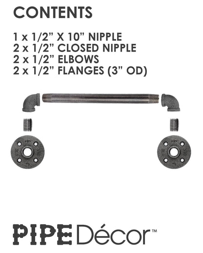 Kit contents of the PIPE DECOR 1/2 in. x 10 in. industrial pipe barn door handle, 14.5 in. long