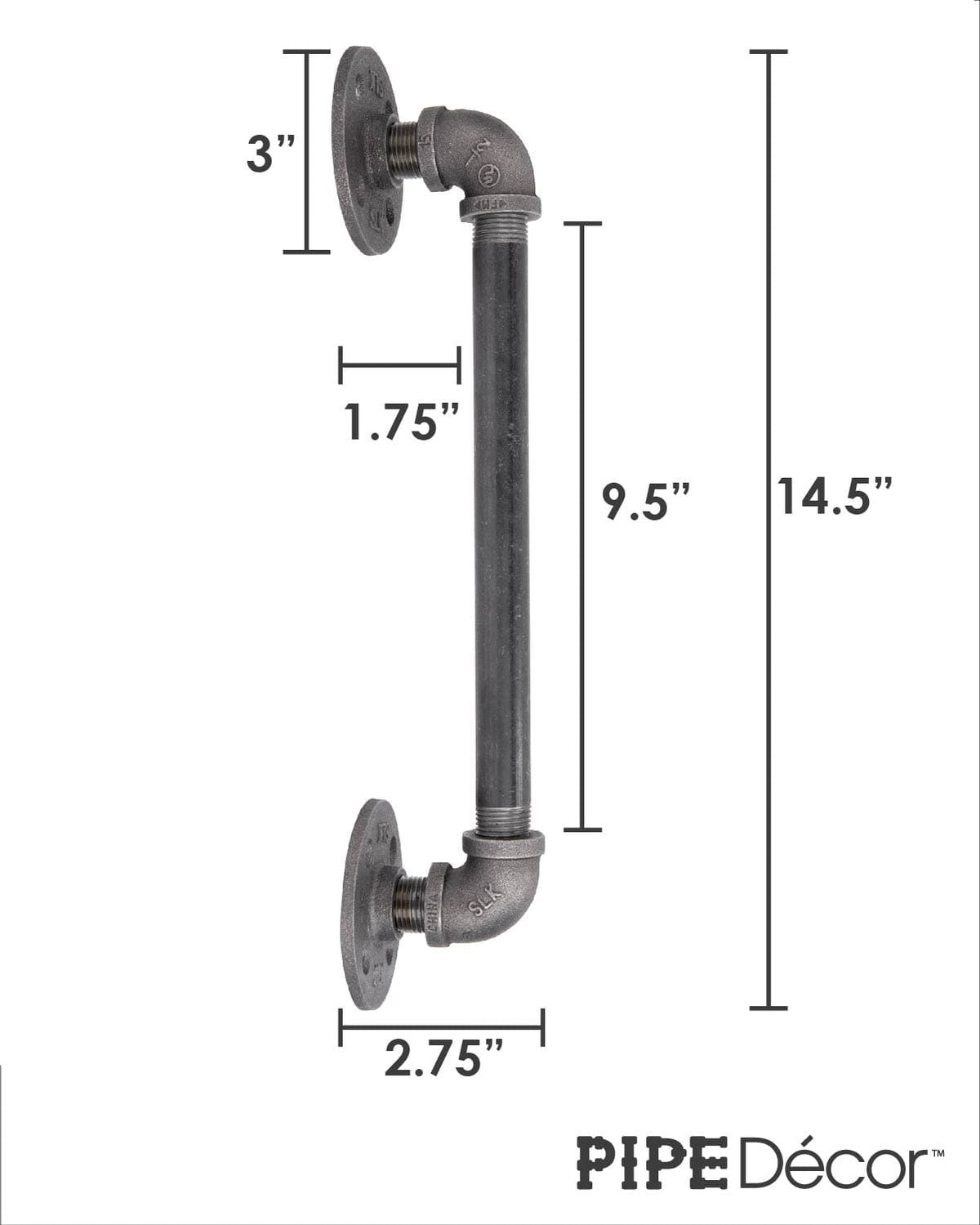 Dimensions and details for the PIPE DECOR 1/2 in. x 10 in. industrial pipe barn door handle, 14.5 in. long