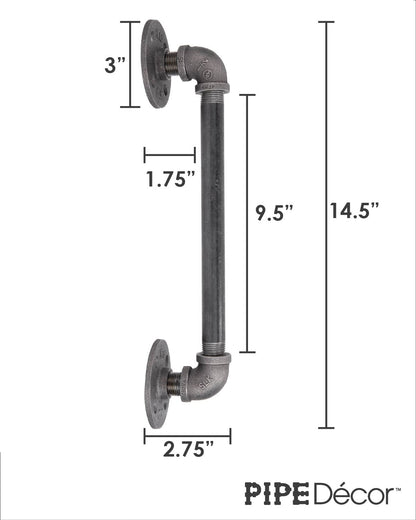 Dimensions and details for the PIPE DECOR 1/2 in. x 10 in. industrial pipe barn door handle, 14.5 in. long
