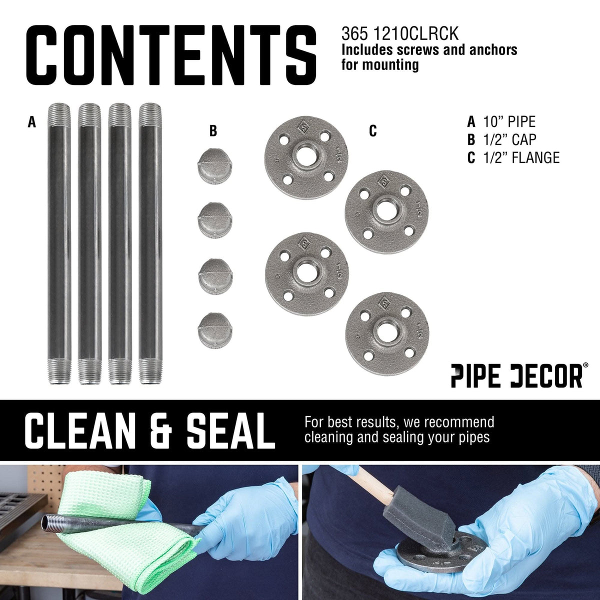 PIPE DECOR 1/2 in. x 10 in. industrial pipe clothing hanging bracket kit, 4-pack, view 9