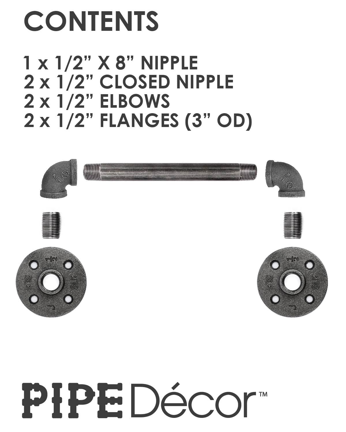 Kit contents of the PIPE DECOR 1/2 in. x 8 in. industrial pipe barn door handle, 12.5 in. long