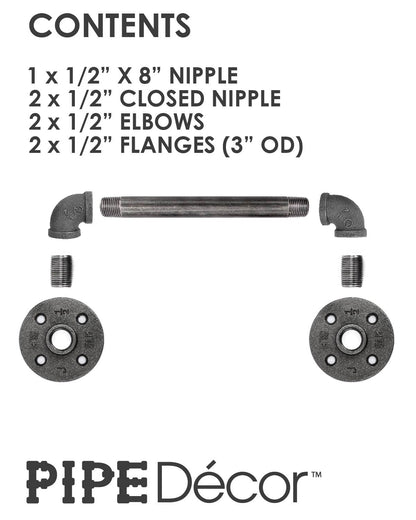 Kit contents of the PIPE DECOR 1/2 in. x 8 in. industrial pipe barn door handle, 12.5 in. long