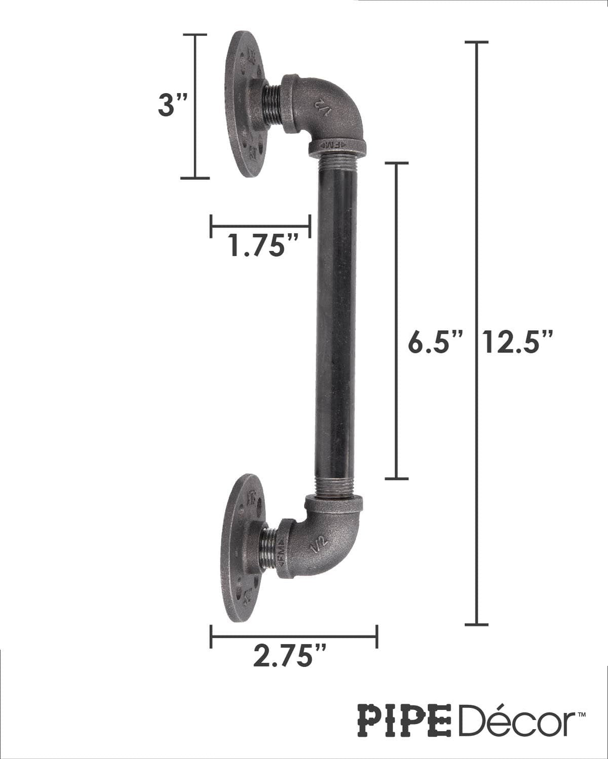 Dimensions and details for the PIPE DECOR 1/2 in. x 8 in. industrial pipe barn door handle, 12.5 in. long