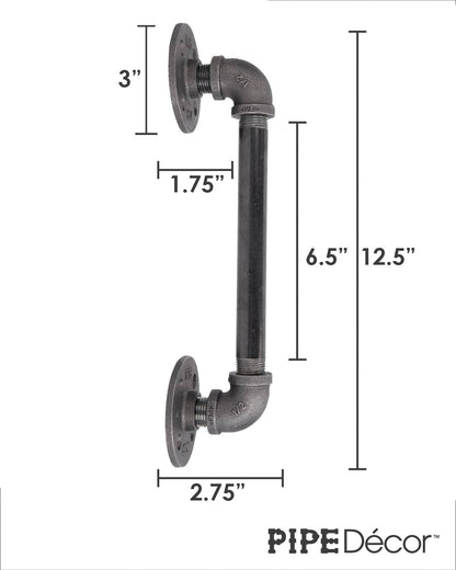 Dimensions and details for the PIPE DECOR 1/2 in. x 8 in. industrial pipe barn door handle, 12.5 in. long