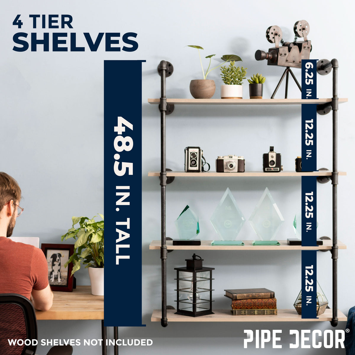 PIPE DECOR 4-tier wall mounted black pipe shelf frame, view 2
