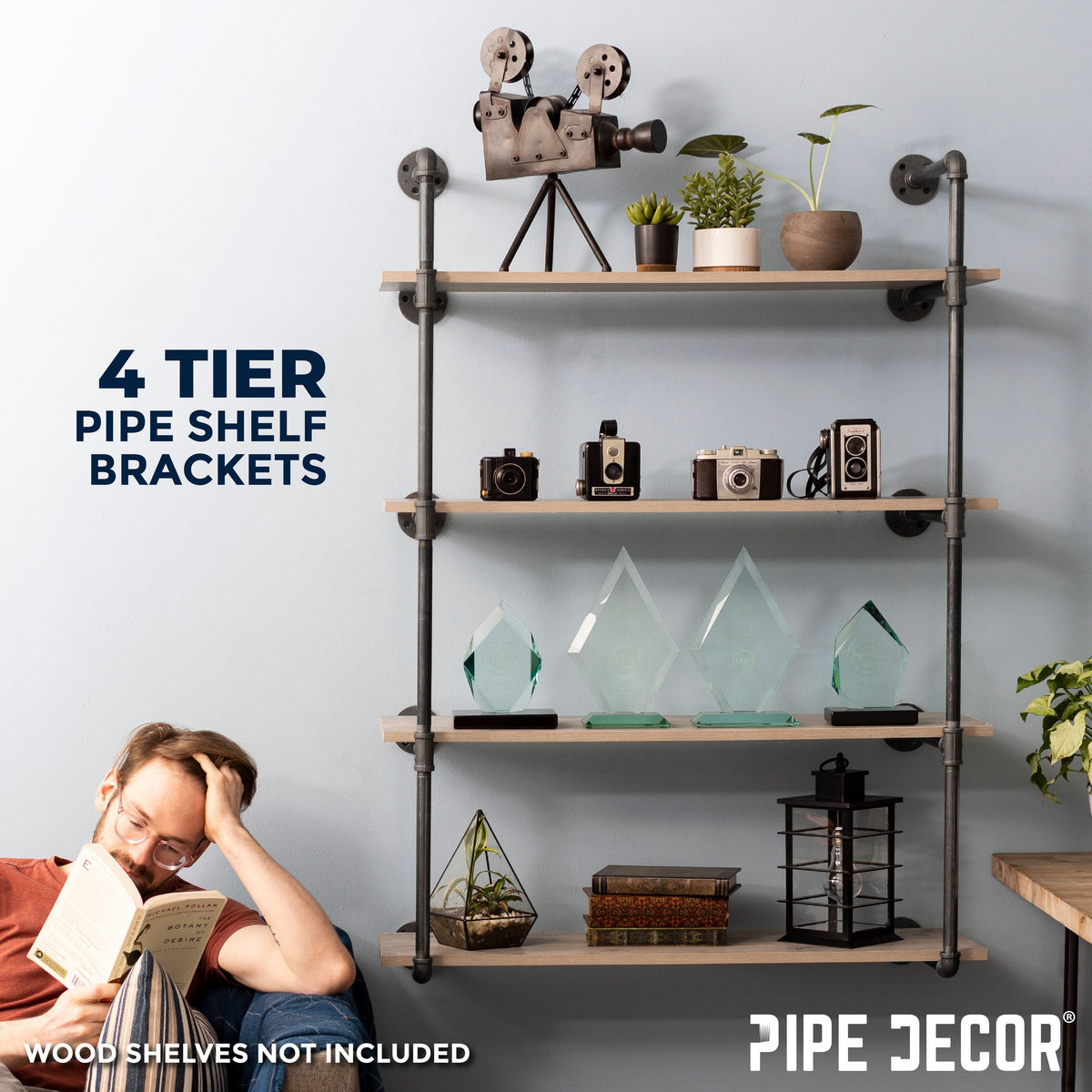 PIPE DECOR 4-tier wall mounted black pipe shelf frame, view 3