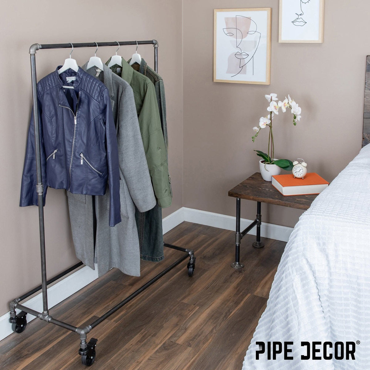 58 in. Rolling Single Rod Clothing Rack by PIPE DECOR