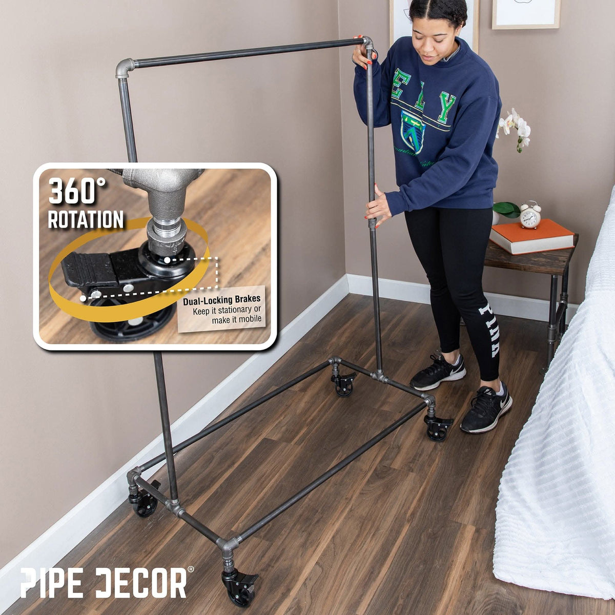 58 in. Rolling Single Rod Clothing Rack by PIPE DECOR
