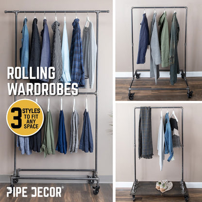 58 in. Rolling Single Rod Clothing Rack by PIPE DECOR