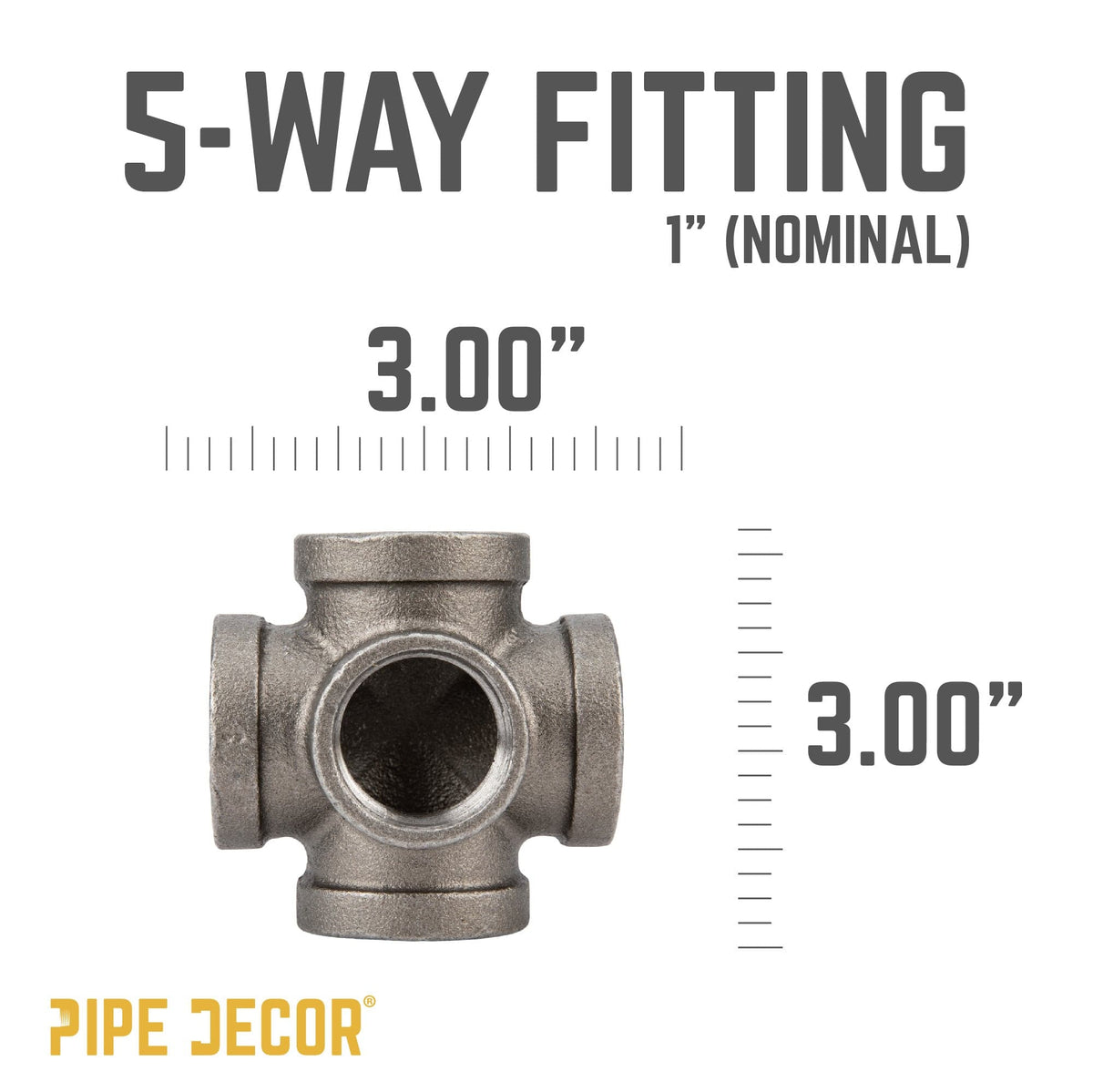 PIPE DECOR 1 in. black iron 5-way pipe fitting, view 2