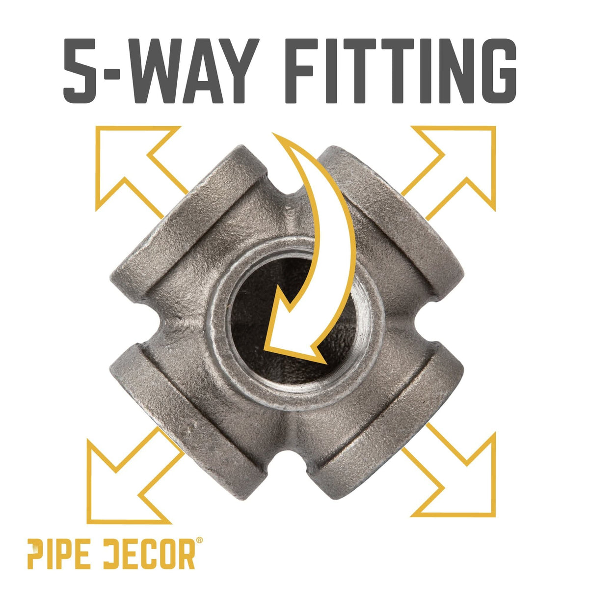 PIPE DECOR 1 in. black iron 5-way pipe fitting, view 3