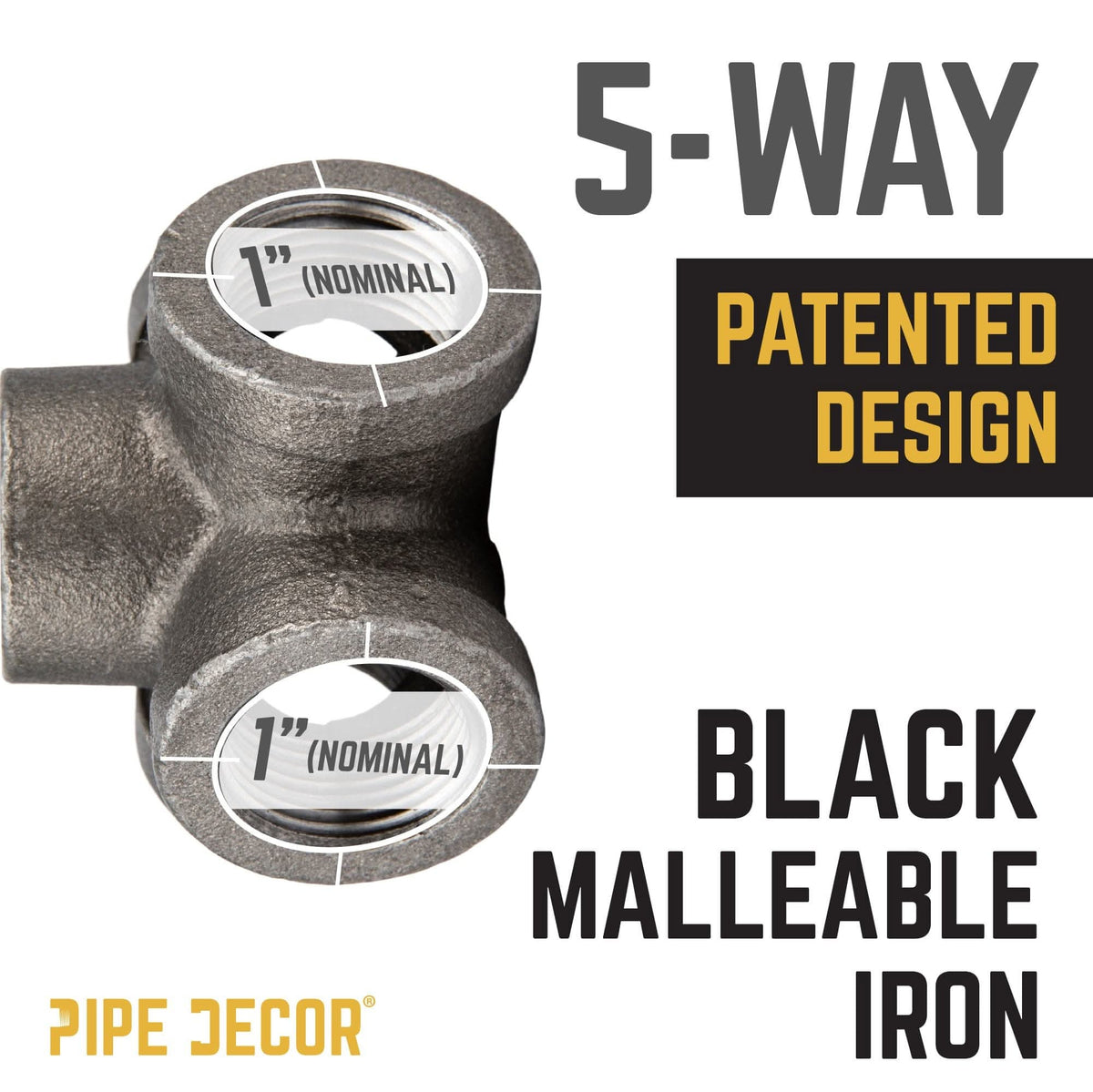 PIPE DECOR 1 in. black iron 5-way pipe fitting, view 4