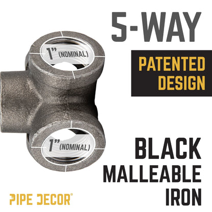 PIPE DECOR 1 in. black iron 5-way pipe fitting, view 4