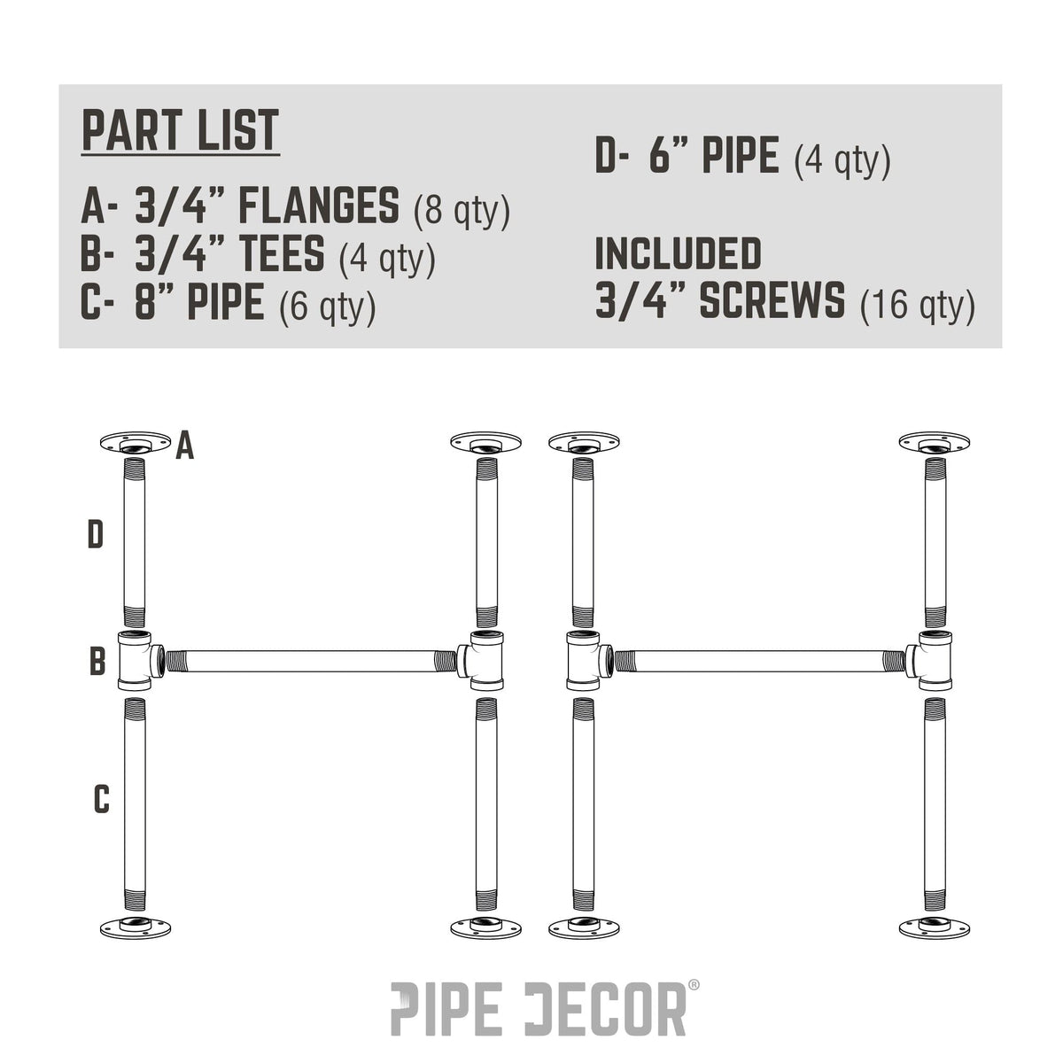 PIPE DECOR 3/4 in. round flange pipe leg kit for a coffee table or bench, view 9