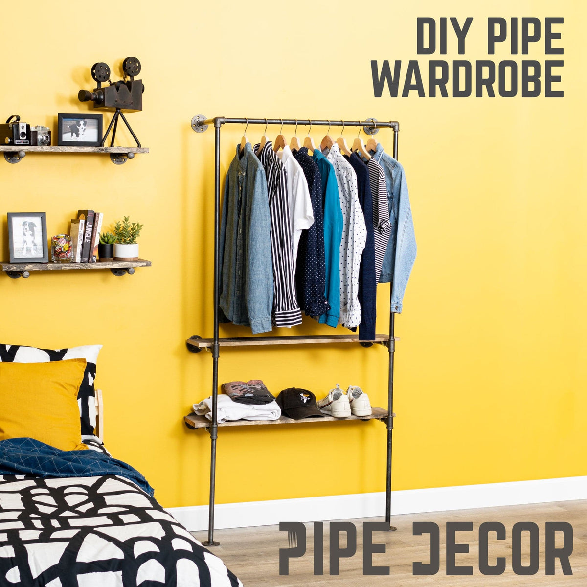 PIPE DECOR 2 shelf wall mounted pipe clothing rack with pine shelves, view 6