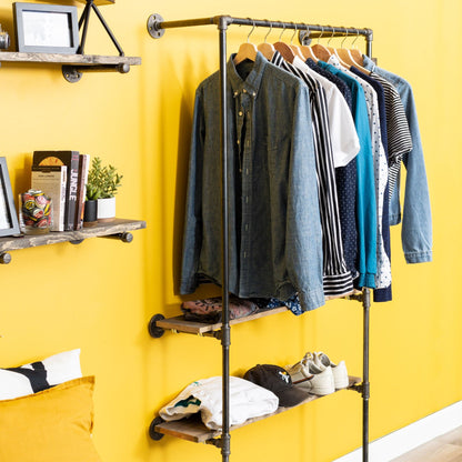 PIPE DECOR 2 shelf wall mounted pipe clothing rack with pine shelves, view 2
