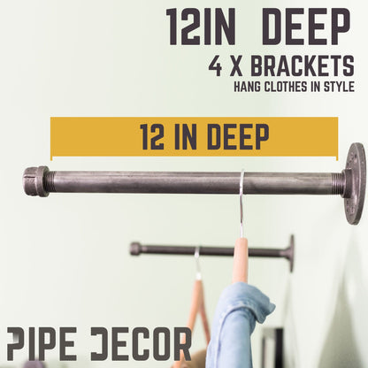PIPE DECOR 1/2 in. x 12 in. black pipe clothing hanging bracket kit, 4-pack, view 3
