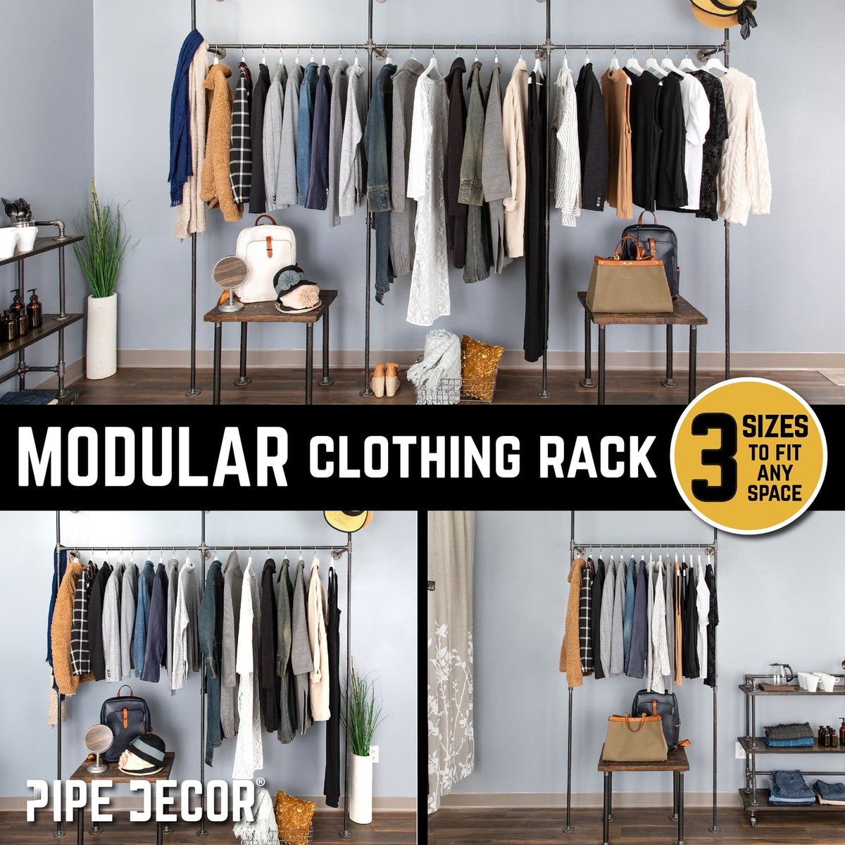 76.375 in. Wall Mounted Clothing Rack, Double by PIPE DECOR