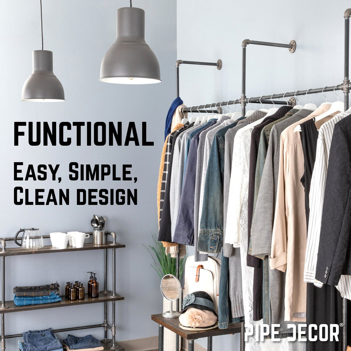 76.375 in. Wall Mounted Clothing Rack, Double by PIPE DECOR