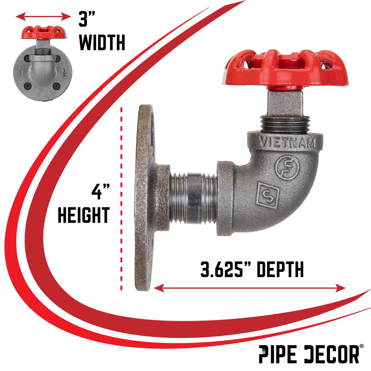 Red Industrial Curved Spigot Wall Hook with Flange (2-Pack) by PIPE DECOR