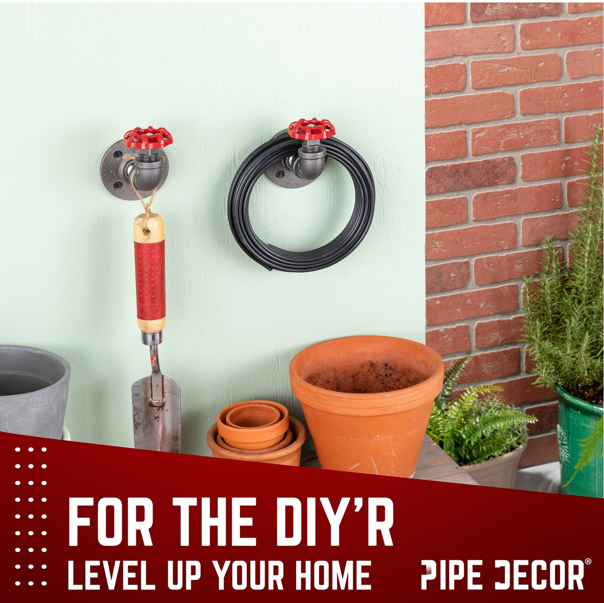 Red Industrial Curved Spigot Wall Hook with Flange (2-Pack) by PIPE DECOR