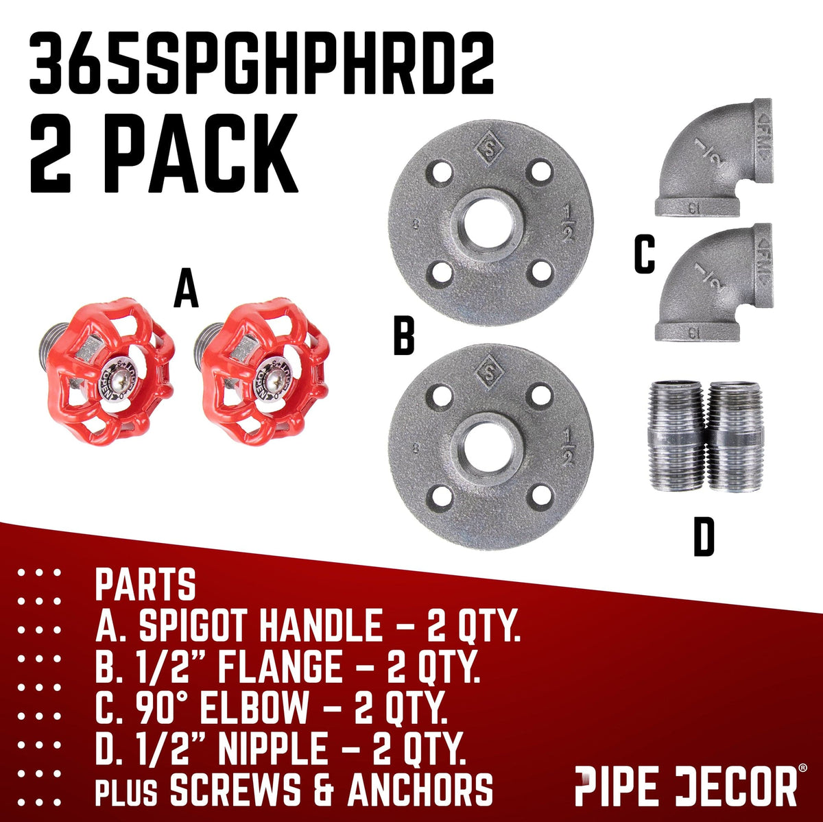 Red Industrial Curved Spigot Wall Hook with Flange (2-Pack) by PIPE DECOR