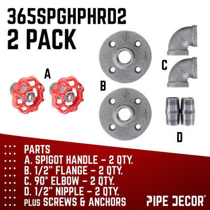 Red Industrial Curved Spigot Wall Hook with Flange (2-Pack) by PIPE DECOR