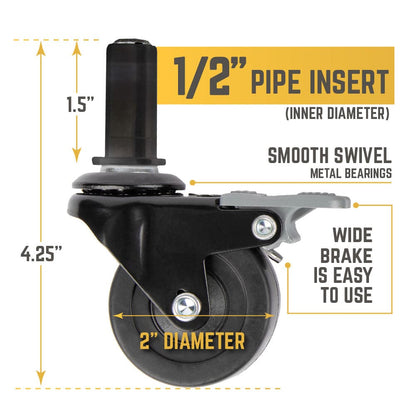Swivel Caster Wheels for ½" Pipe (4-Pack) by PIPE DECOR