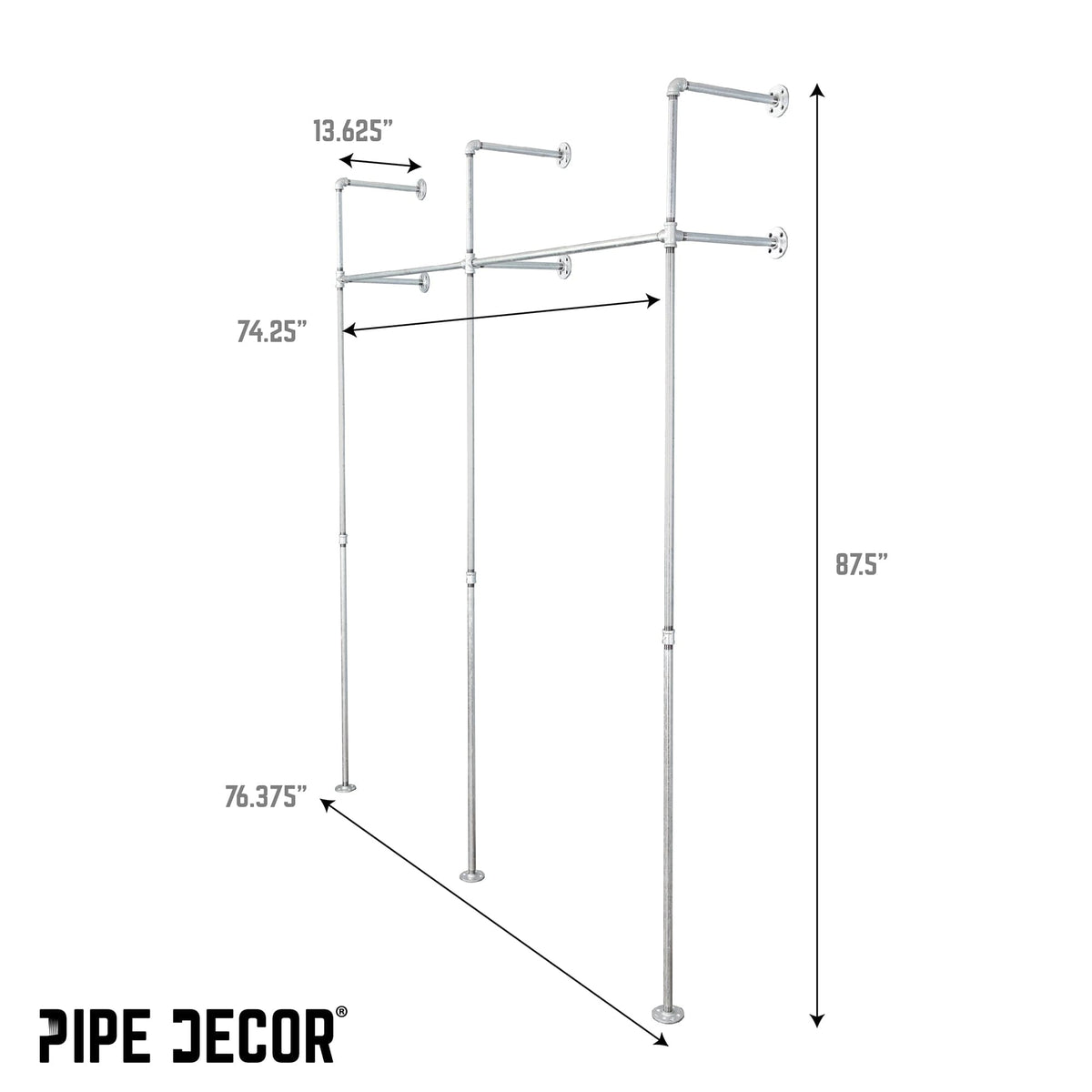 76.375 in. Galvanized Wall Mounted Clothing Rack, Double by PIPE DECOR
