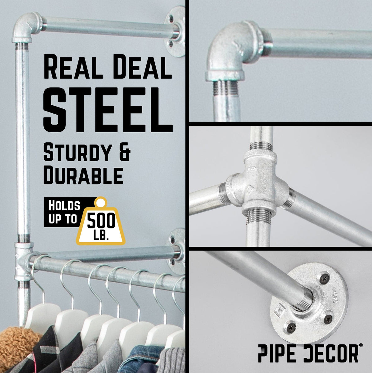 76.375 in. Galvanized Wall Mounted Clothing Rack, Double by PIPE DECOR