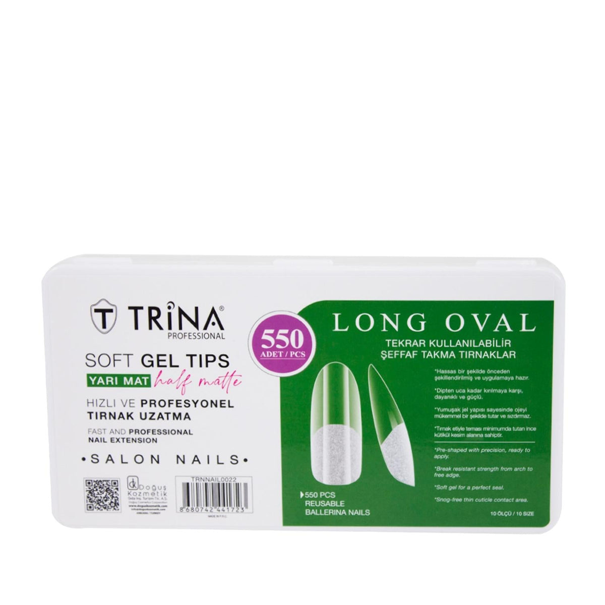 Trina Semi-Matte Soft Gel Artificial Nails, Long Oval Shape - 550 Count for Stylish Nail Enhancements by Beauty Care Bag