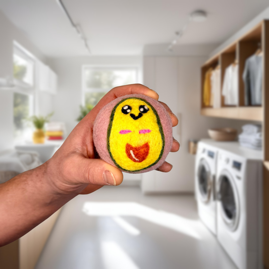 Organic wool dryer balls in Avocados on Pink design