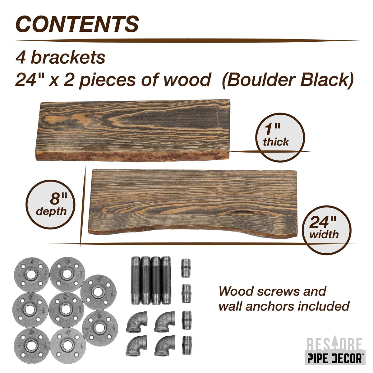 PIPE DECOR 24 in. Boulder Black live edge wood shelf with L-shaped pipe brackets, view 8
